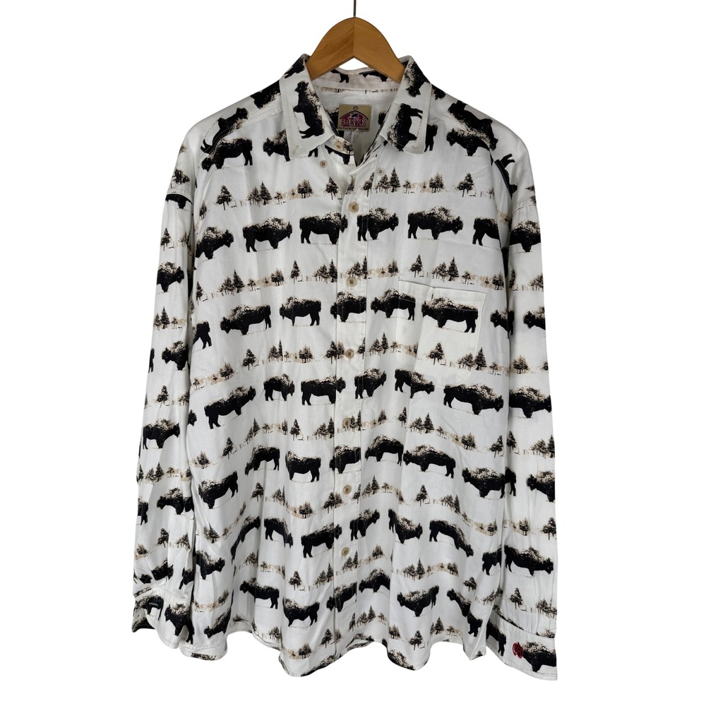Barn Fly Mens Buffalo Pine Tree Print Western Shirt White Cotton Large USA Made